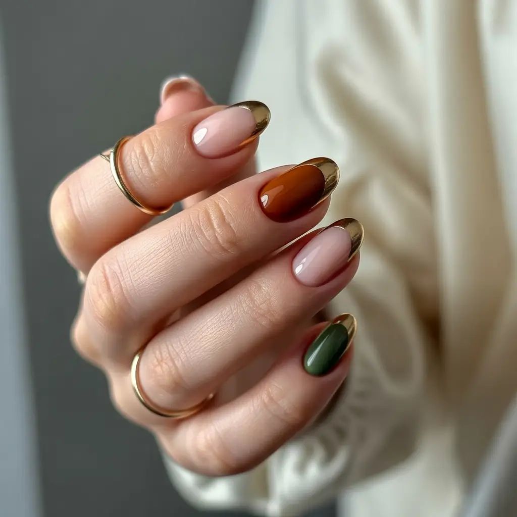Stylish Fall French Tip Nails 2025 — Gilded Micro-French with Moss and Caramel Accents