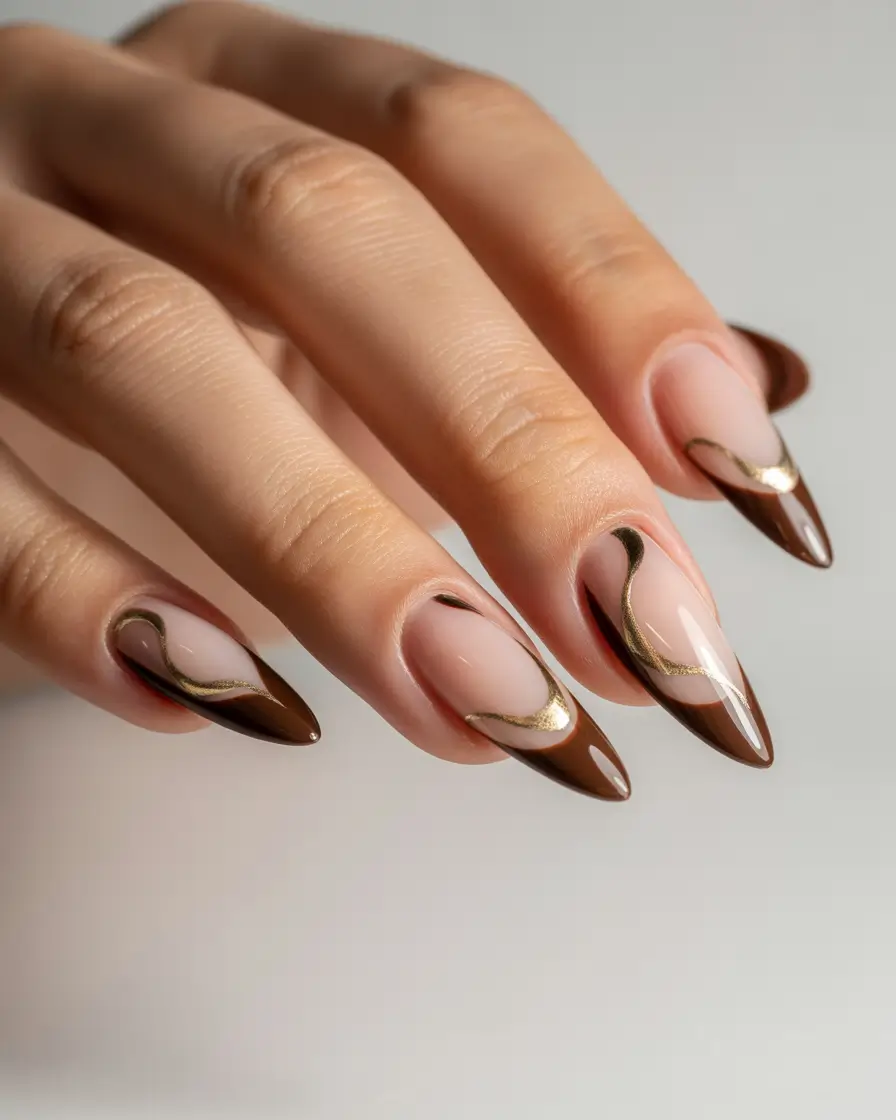 Stylish Fall French Tip Nails 2025 — Cocoa Swirl French with Gold Veining