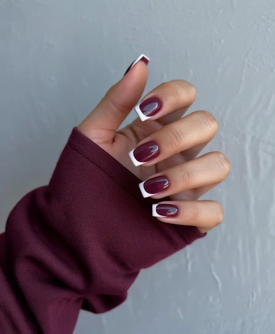 Stylish Fall French Tip Nails 2025 — Merlot Square French with Bright White Edge