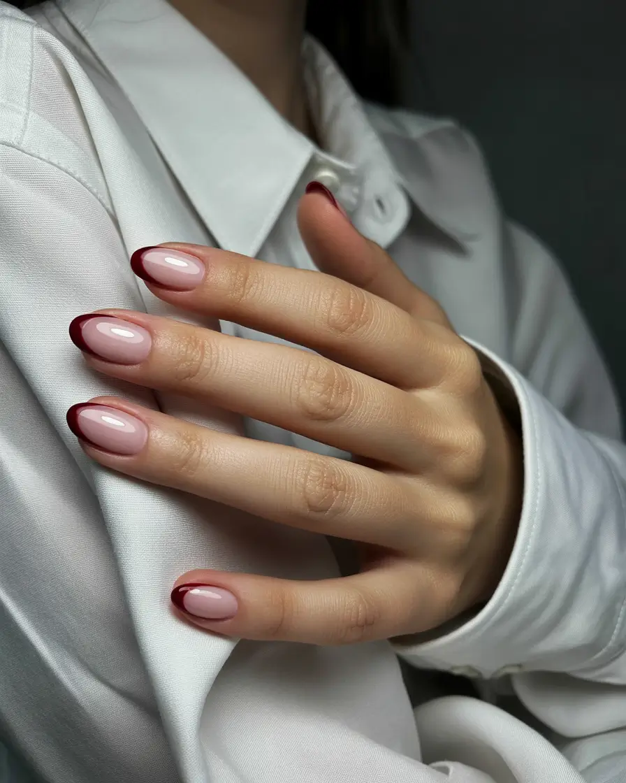 Stylish Fall French Tip Nails 2025 — Cranberry Micro-French on Rosy Pink