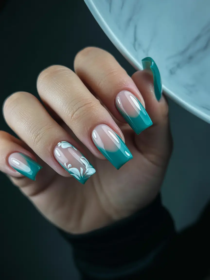 Stylish Fall French Tip Nails 2025 — Teal Ombré Square French with Petal Accent