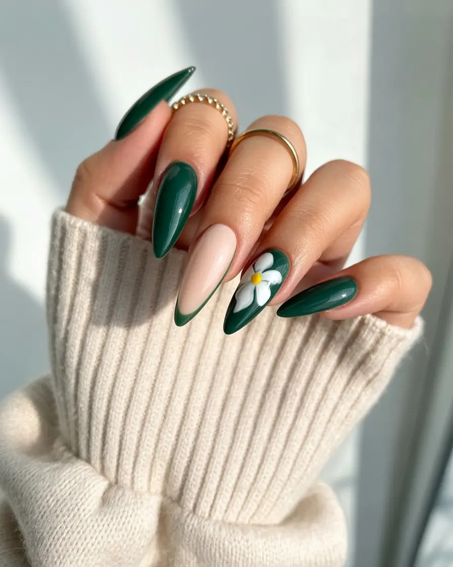 Stylish Fall French Tip Nails 2025 — Forest Almond French with Daisy Accent