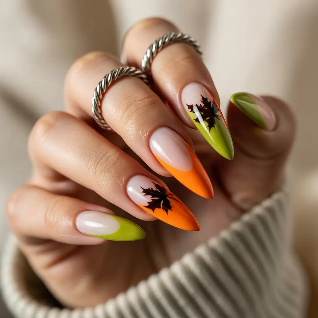 Stylish Fall French Tip Nails 2025 — Citrus-Leaf French in Lime and Pumpkin