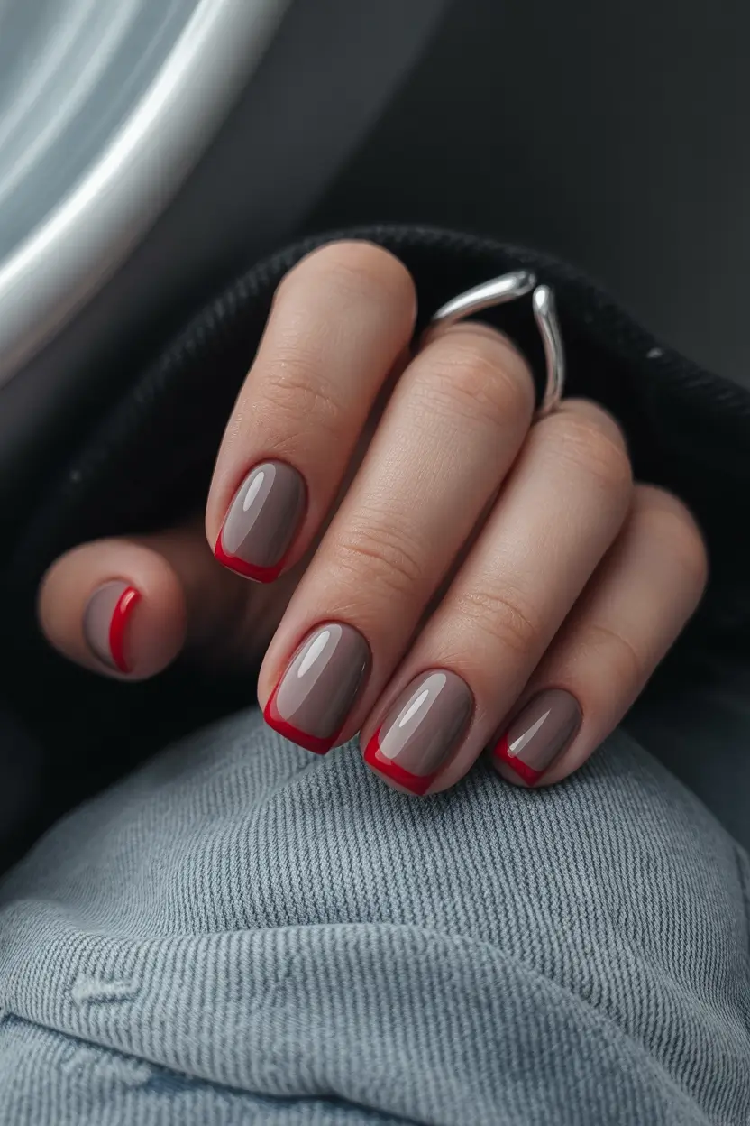 Stylish Fall French Tip Nails 2025 - Micro-Red French on Greige Shorties
