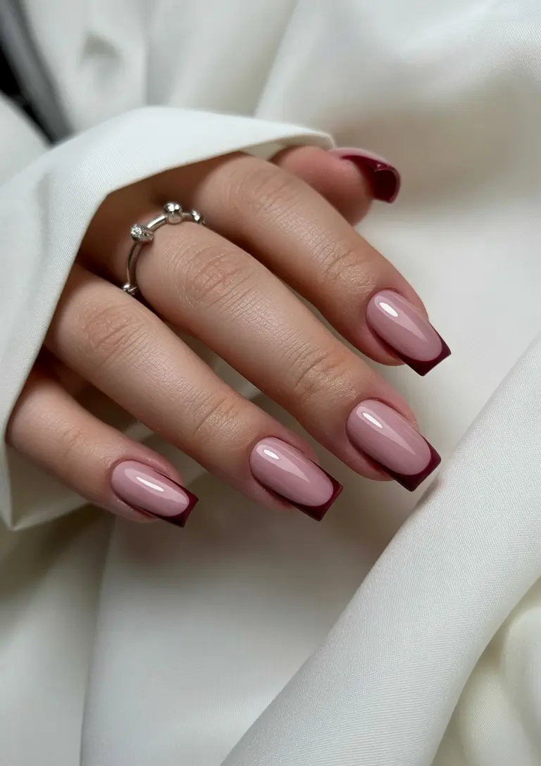 Stylish Fall French Tip Nails 2025 - Burgundy Wine French on Soft Square