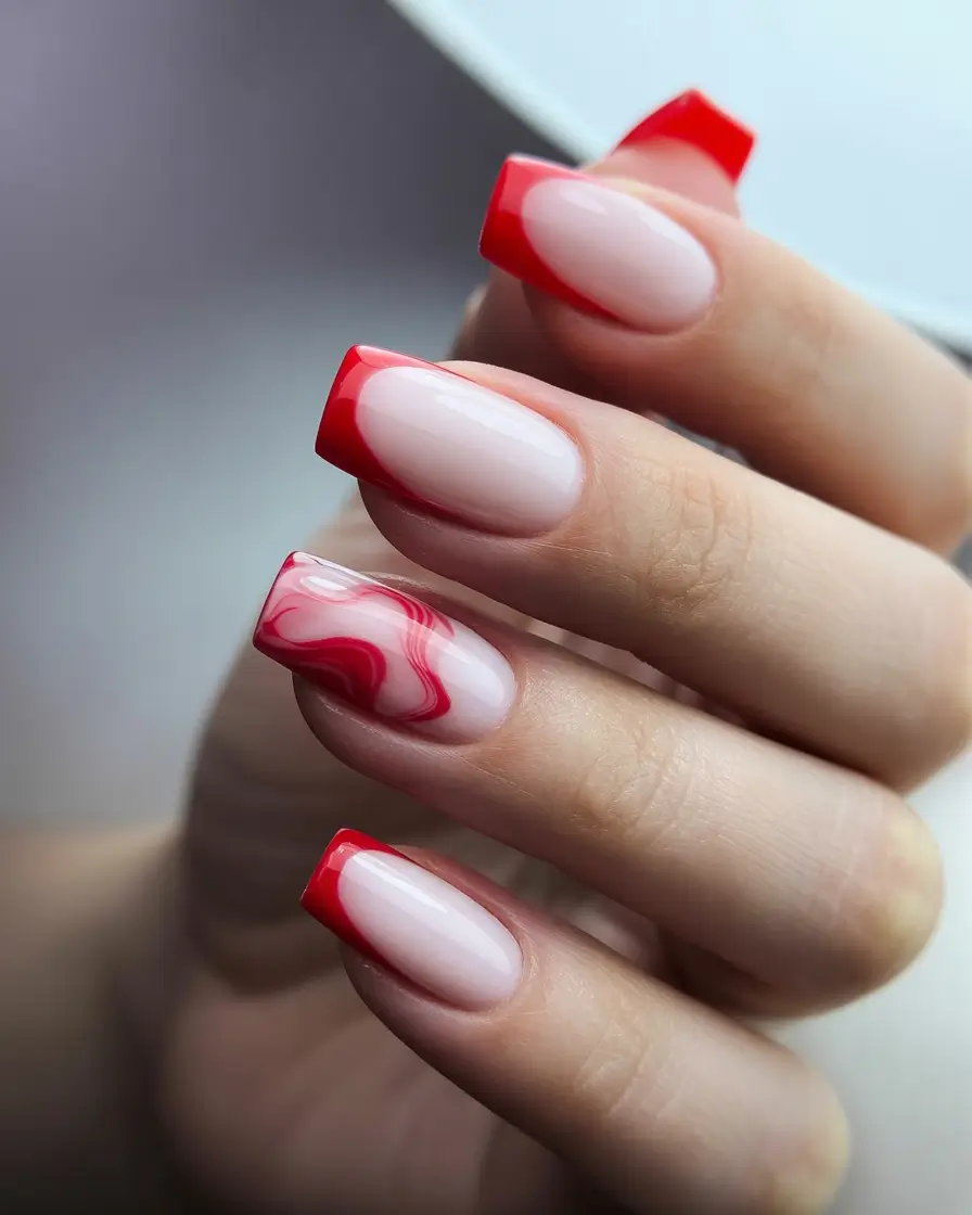 Stylish Fall French Tip Nails 2025 - Scarlet French with Swirled Accent