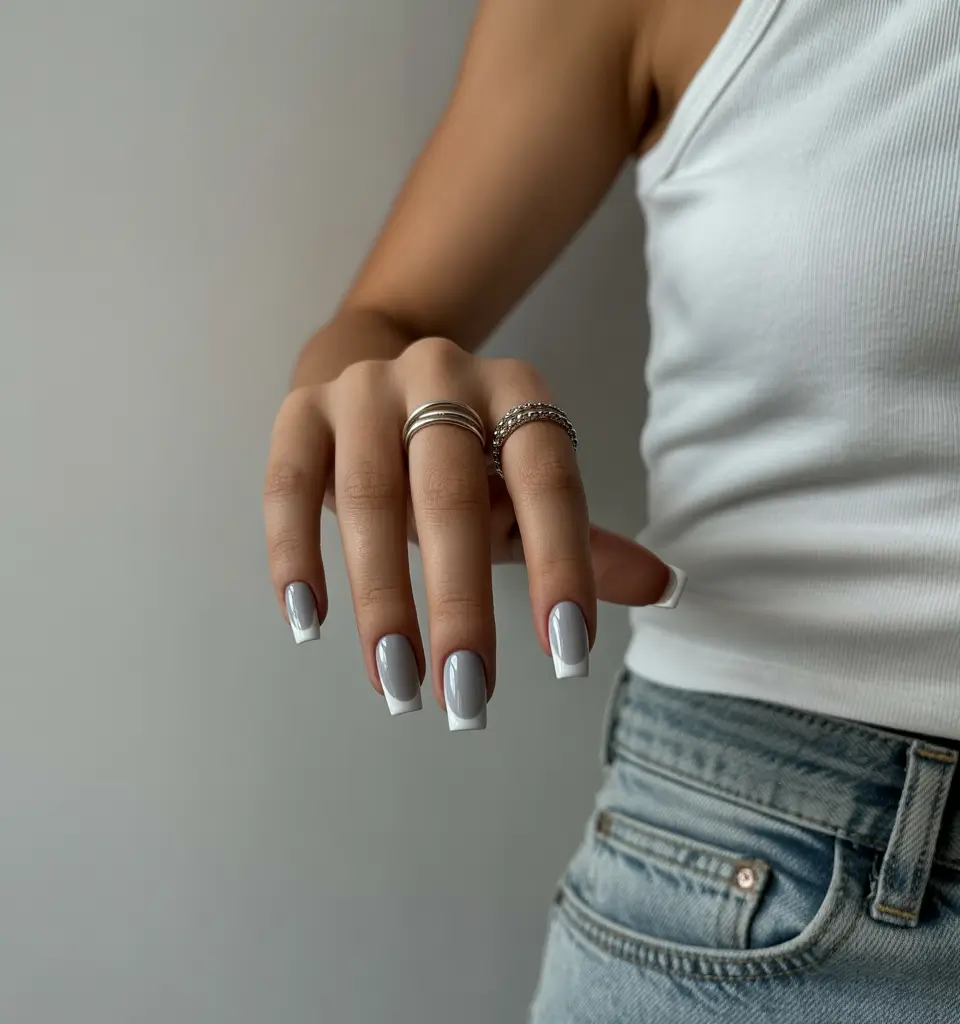 Stylish Fall French Tip Nails 2025 - Fog-Grey Base with Crisp White French