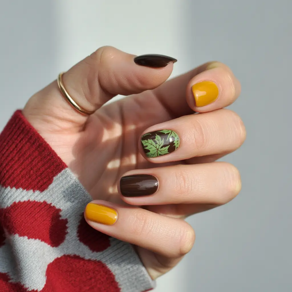 fall-nails-art-ideas-2025-earthy-brown-green-leaf