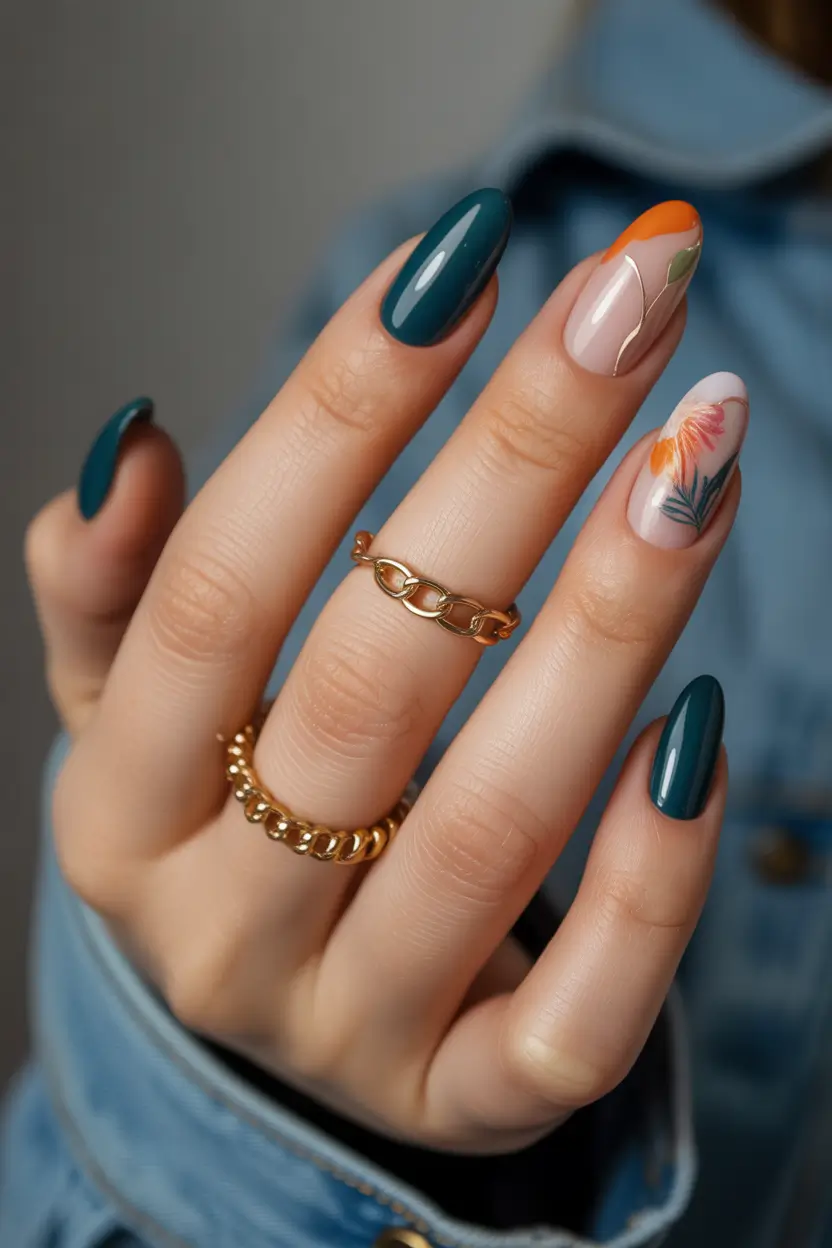 fall-nails-art-ideas-2025-teal-tangerine-floral