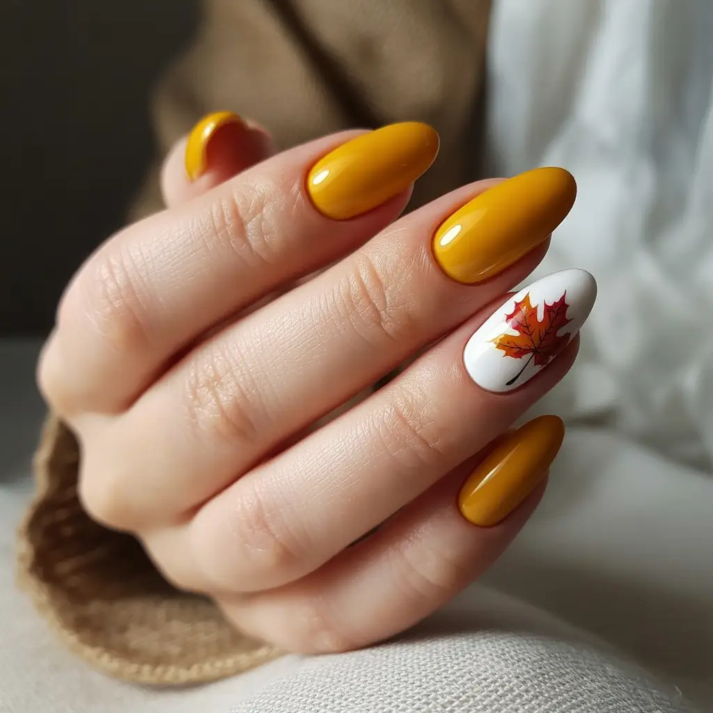 fall-nails-art-ideas-2025-mustard-maple-leaf