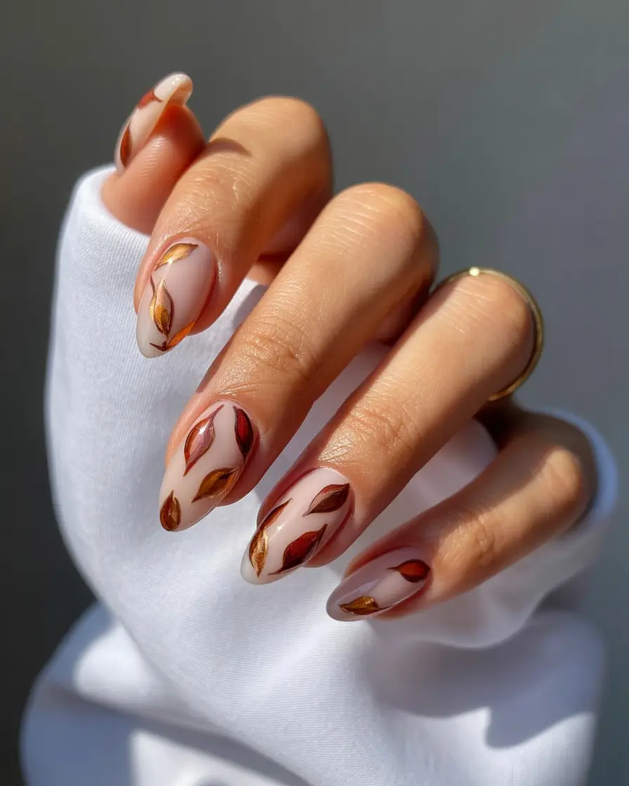fall-nails-art-ideas-2025-metallic-burnished-leaves