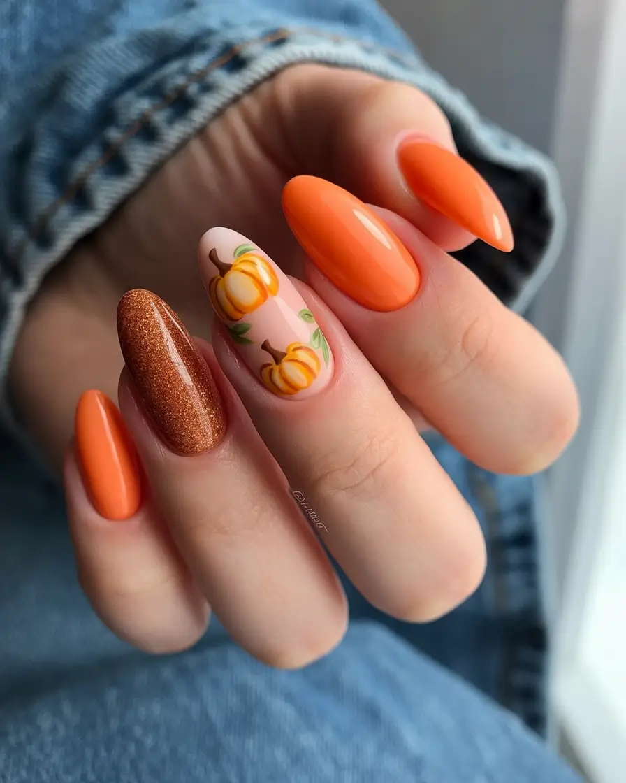 fall-nails-art-glossy-pumpkin-and-glittering-gold