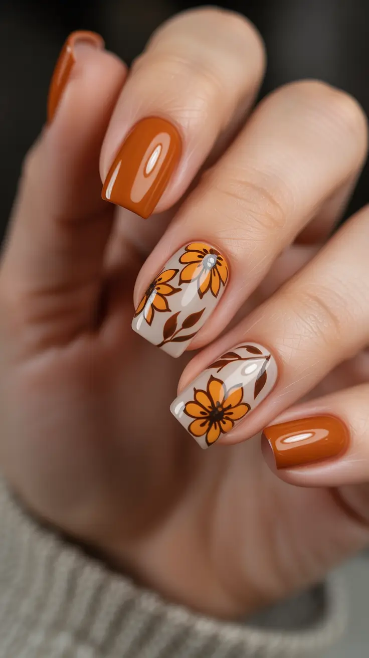 fall-nails-art-glossy-mocha-with-bold-autumn-florals
