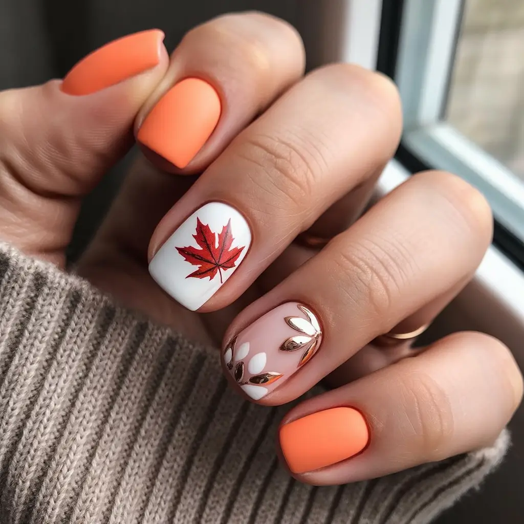 fall-nails-art-ideas-2025-orange-metallic-leaf-combo