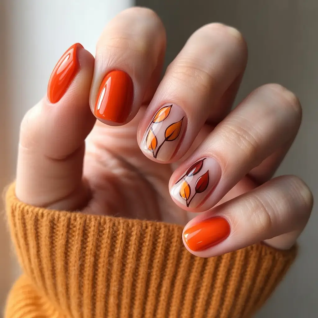 fall-nails-art-ideas-2025-floating-leaf-tangerine-burgundy