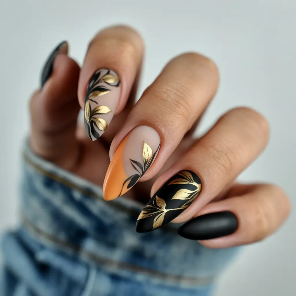 fall-nails-art-ideas-2025-black-gold-botanical