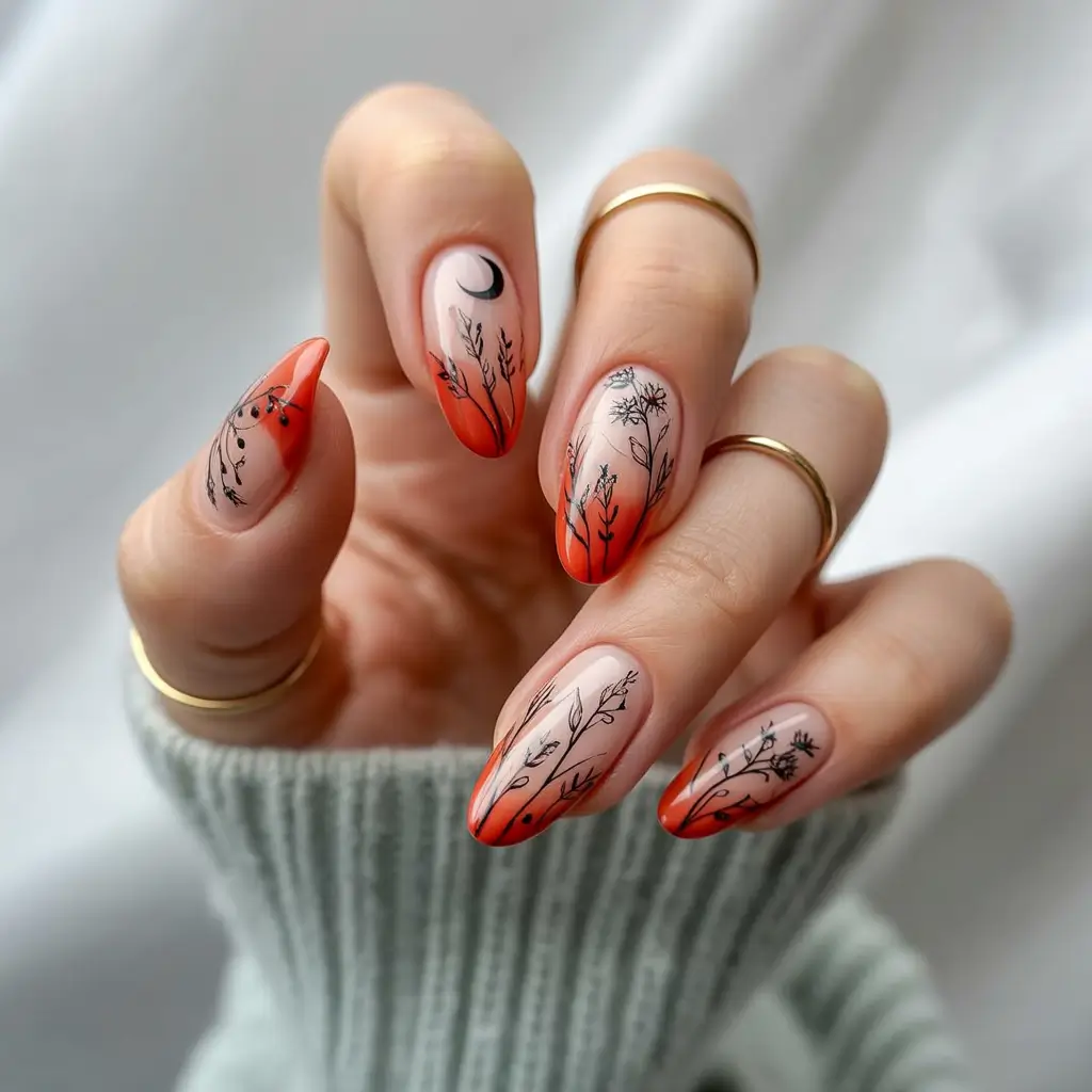 Autumn nail designs 2025 Wild Botanicals with a Burnt Sunset Fade