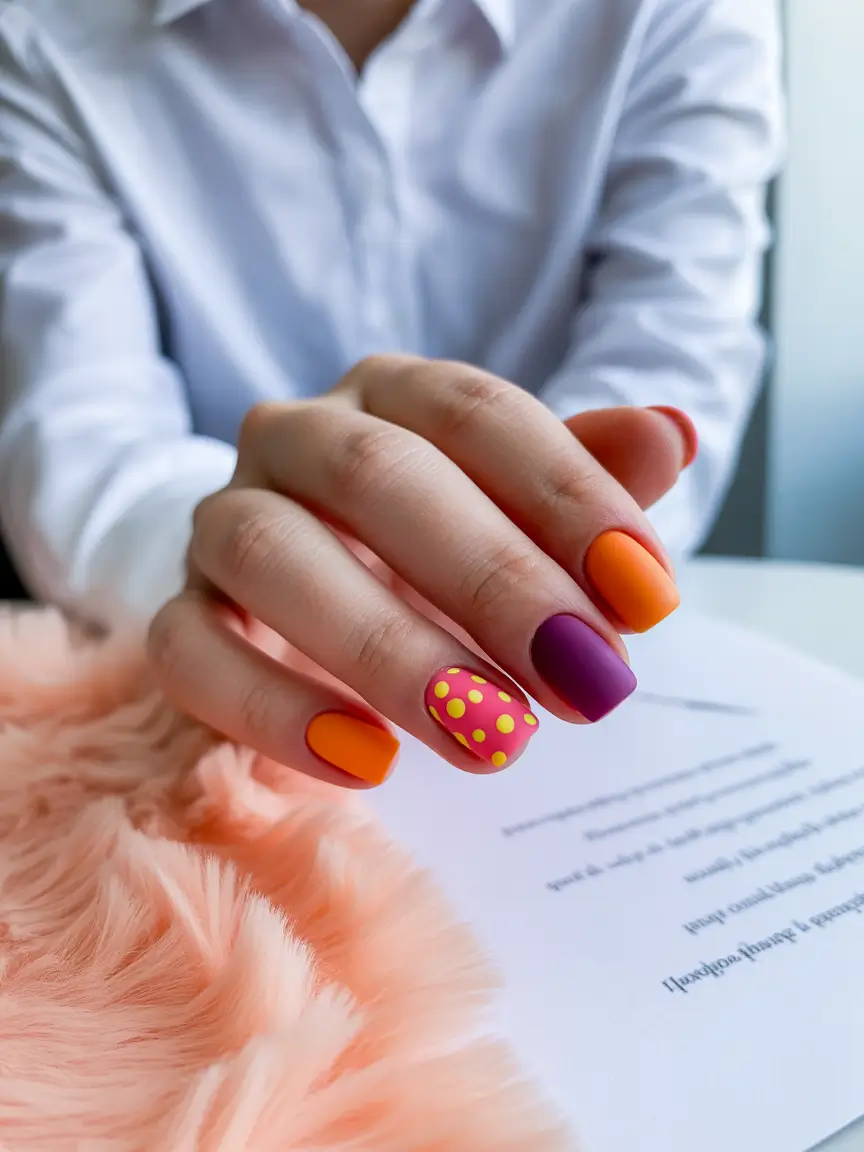 Autumn nail designs 2025 Playful Sunset Dots and Electric Color