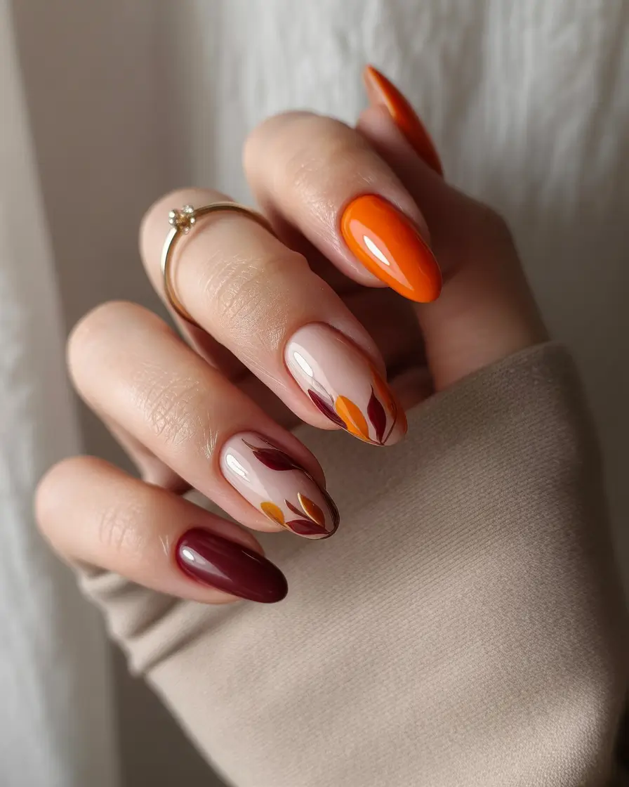Autumn nail designs 2025 Layered Leaves in a Spiced Autumn Palette