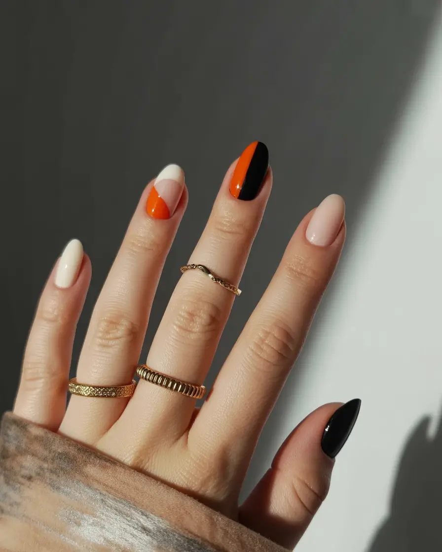 Autumn nail designs 2025 Graphic Neutrals with a Pumpkin Punch