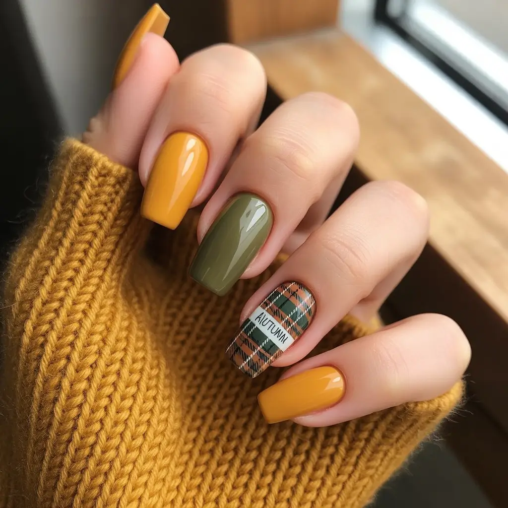Autumn nail designs 2025 Plaid Perfection in Mustard and Olive