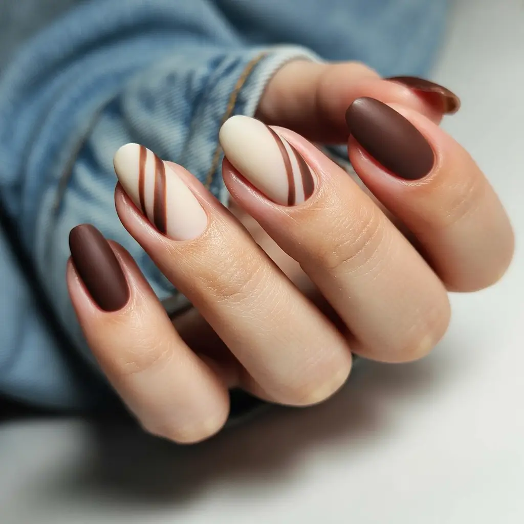 Autumn nail designs 2025 Matte Cocoa Swirl on Almond Tips