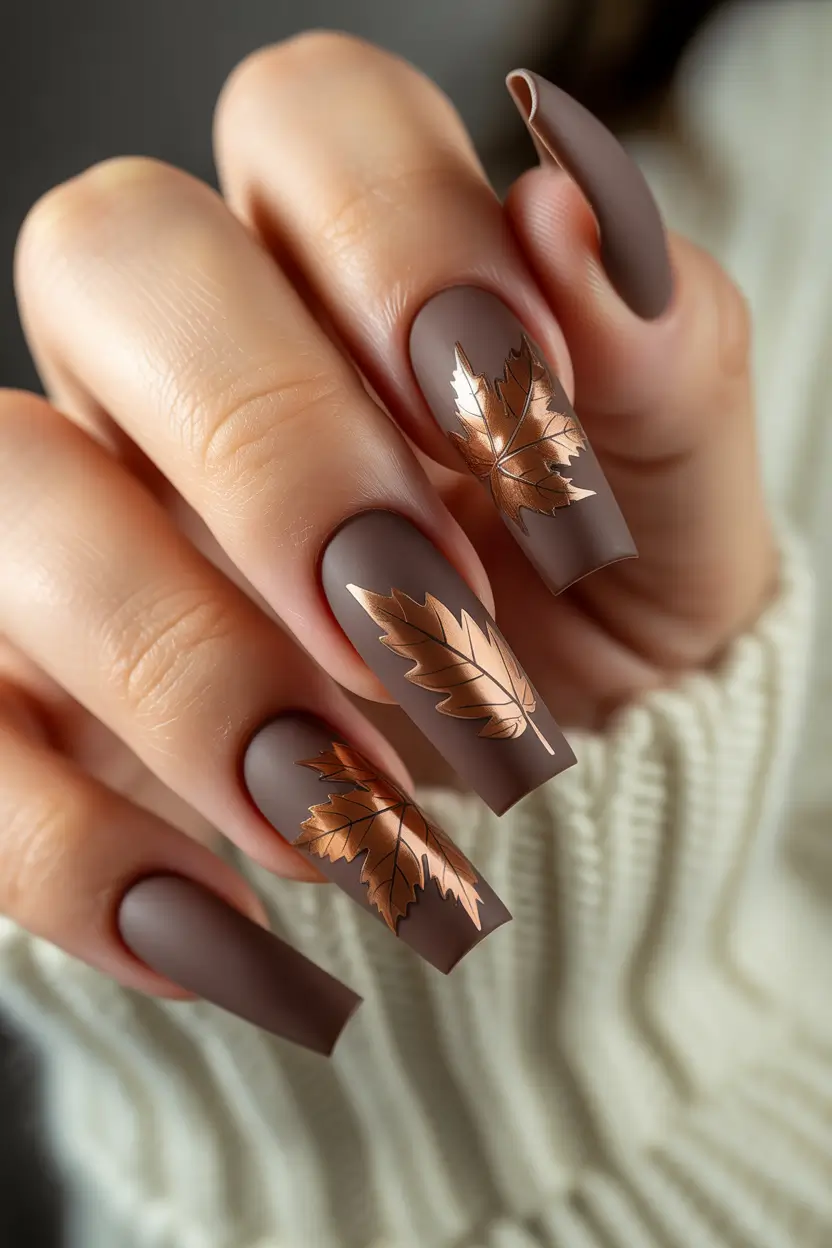 Trendy Autumn Nail Designs 2025 Matte Cocoa with Metallic Maple Leaves
