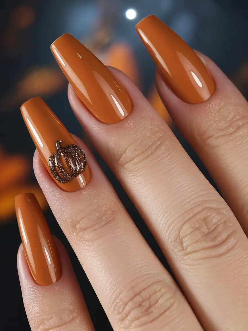 Trendy Autumn Nail Designs 2025 Pumpkin Spice with a 3D Charm