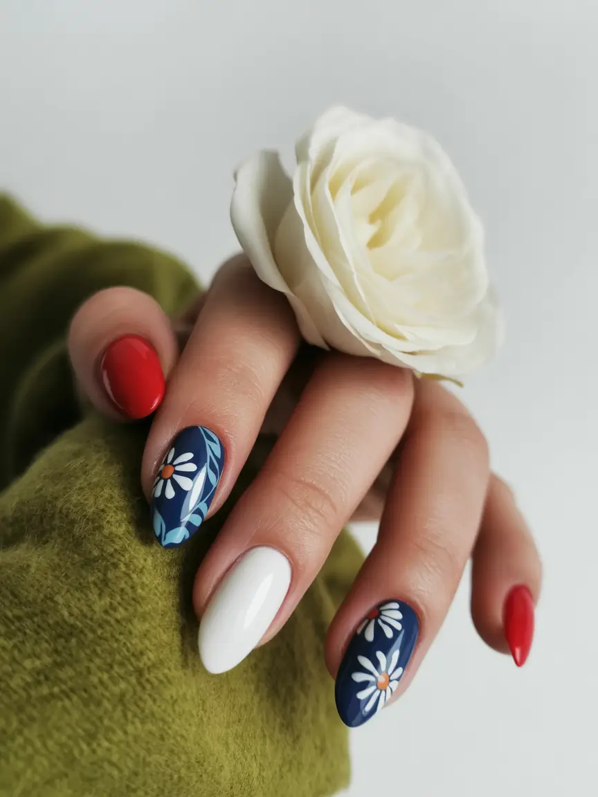 Autumn nail designs 2025 Retro Americana Meets Daisy Dreams