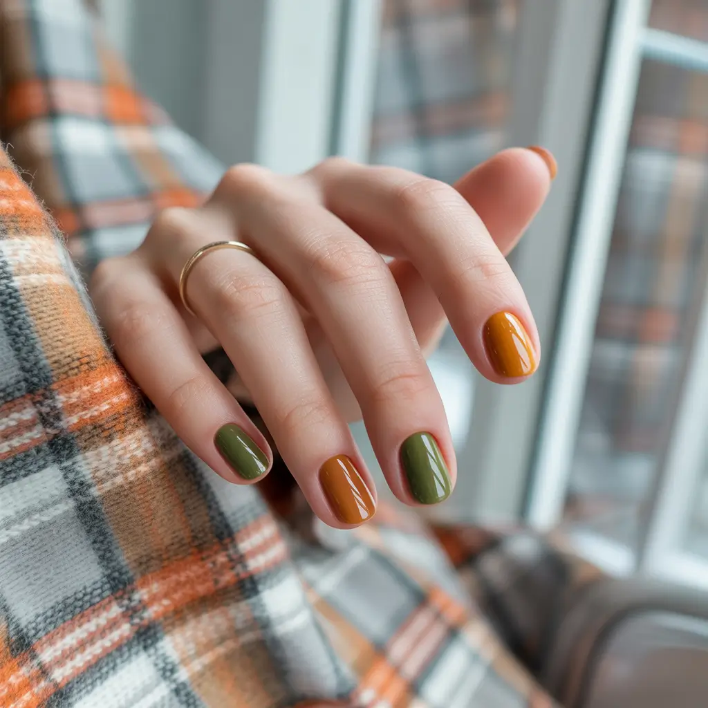 Trendy Autumn Nail Designs 2025 Olive and Amber Checkerboard