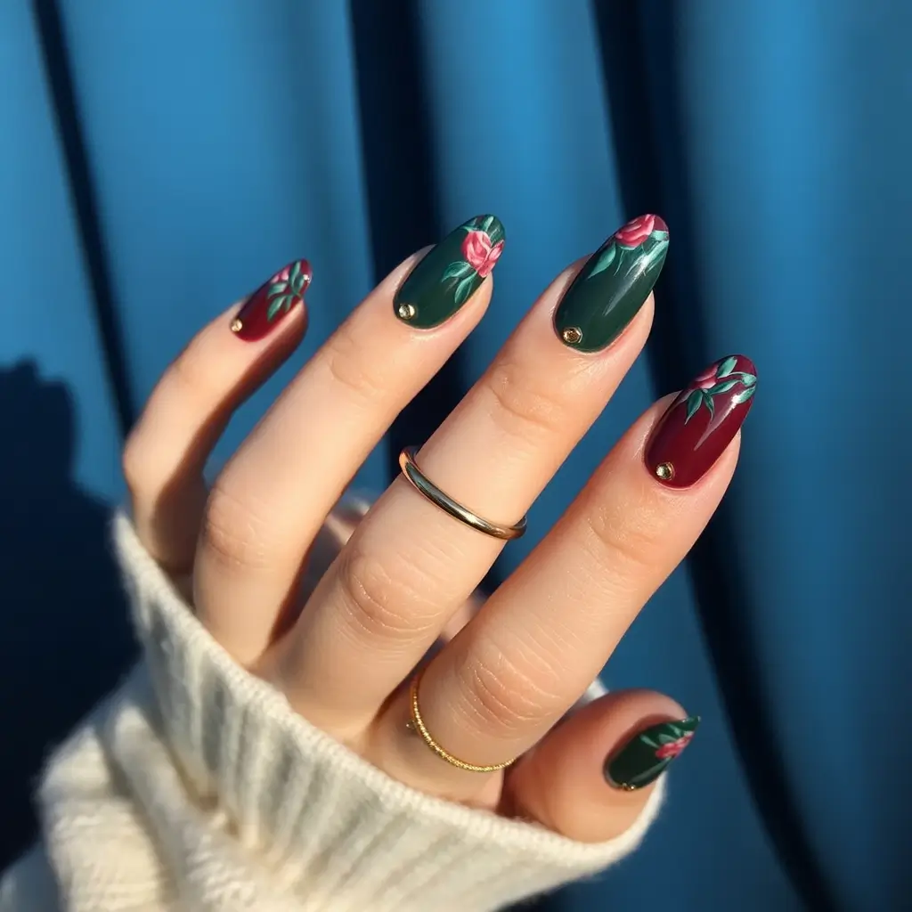 Trendy Autumn Nail Designs 2025 Floral Drama in Deep Green and Burgundy
