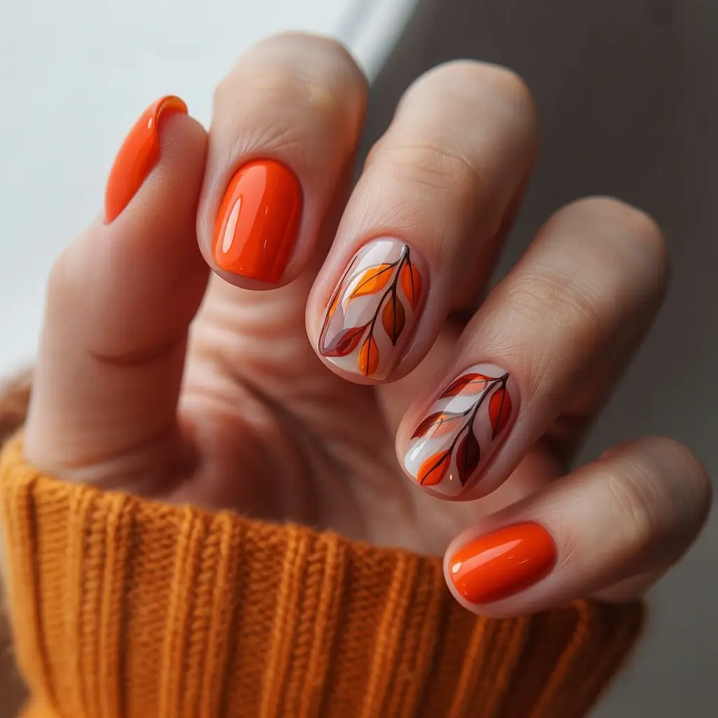 Trendy Autumn Nail Designs 2025 Abstract Fall Foliage in Burnt Orange