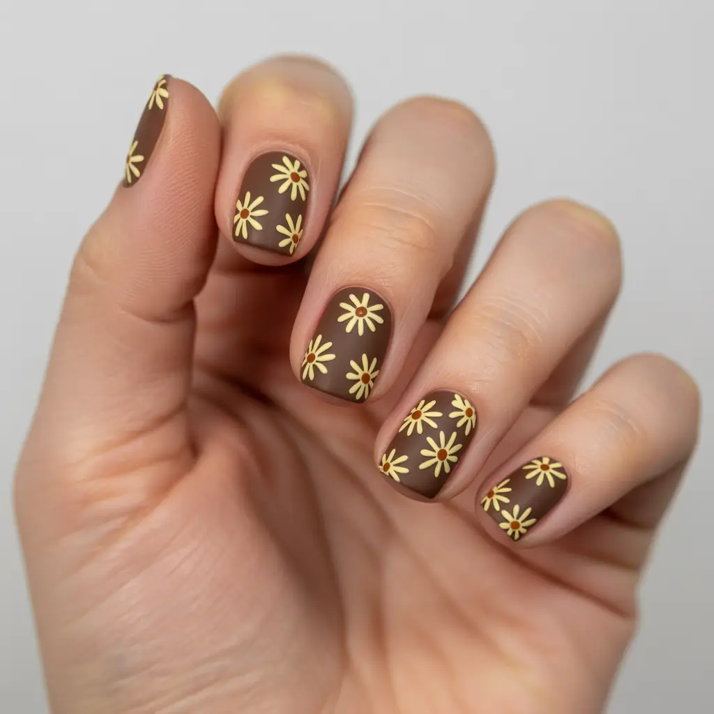Trendy Autumn Nail Designs 2025 Matte Chocolate Daisies