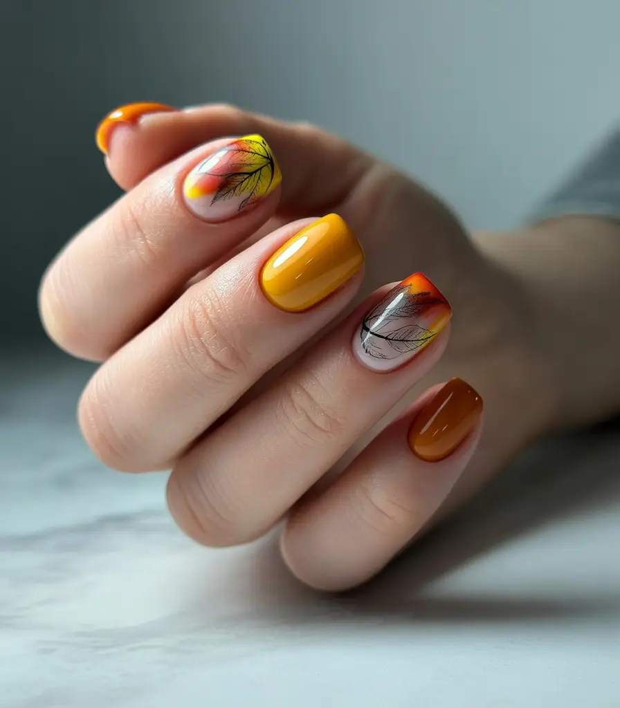 Trendy Autumn Nail Designs 2025 Golden Leaves with Sunset Ombre