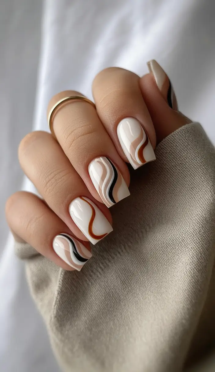 Trendy Autumn Nail Designs 2025 Minimalist Mocha Swirls