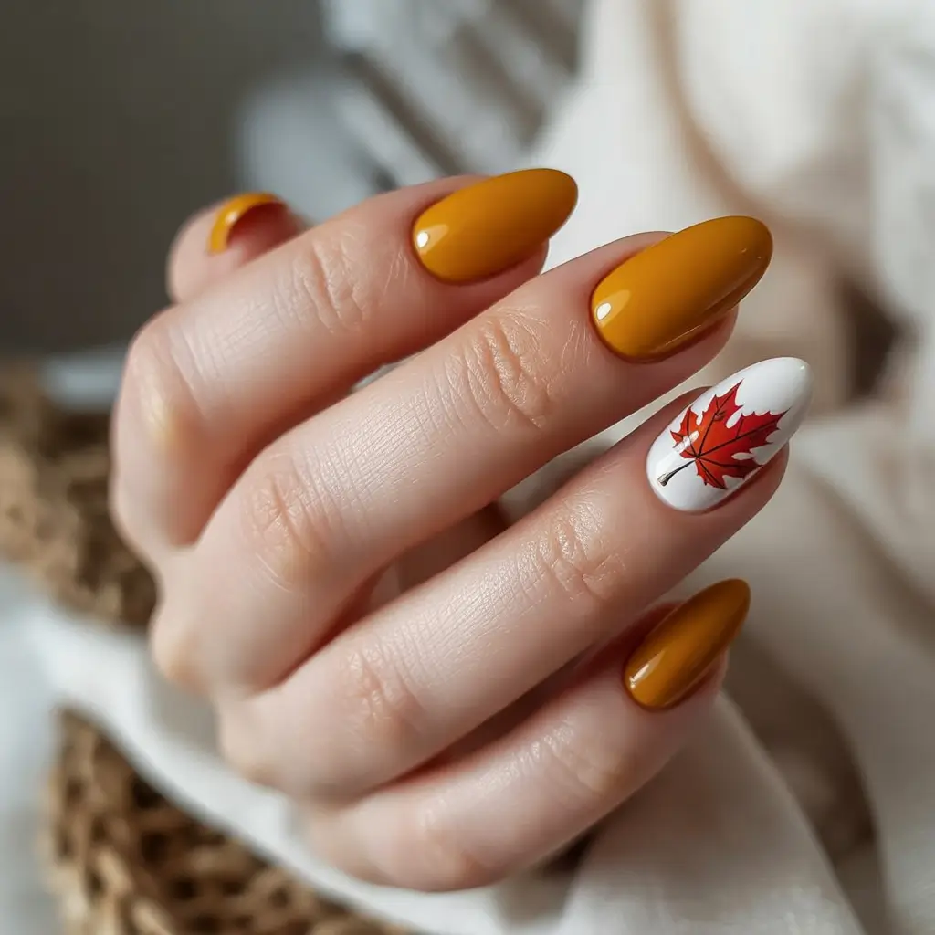 Trendy Autumn Nail Designs 2025 Classic Maple Accent with Mustard Elegance