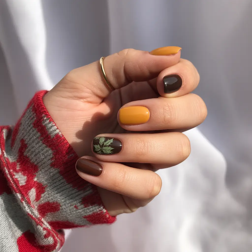 Trendy Autumn Nail Designs 2025 Cozy Mix-and-Match in Chocolate and Gold