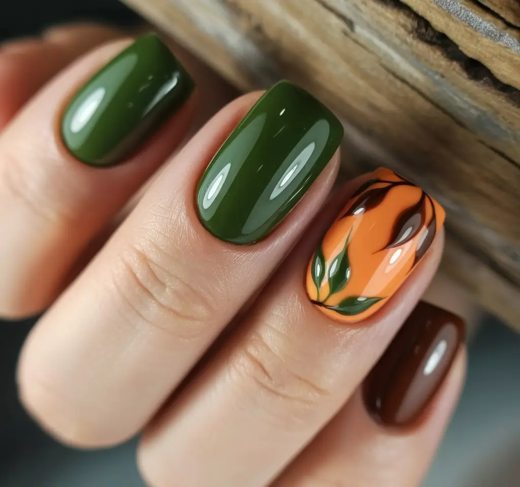 Trendy Autumn Nail Designs 2025 Harvest Garden in Olive and Pumpkin