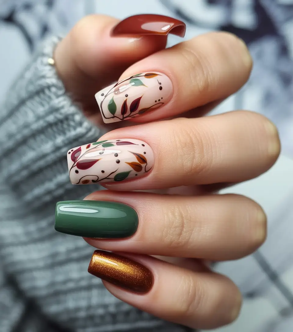 Trendy Autumn Nail Designs 2025 Modern Autumn Botanical Mix