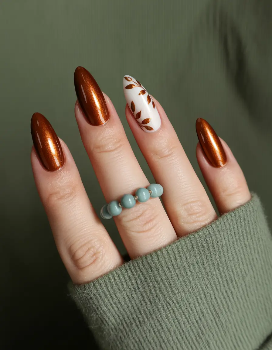 Autumn nail designs 2025 Bronzed Elegance with a Minimalist Leaf Accent