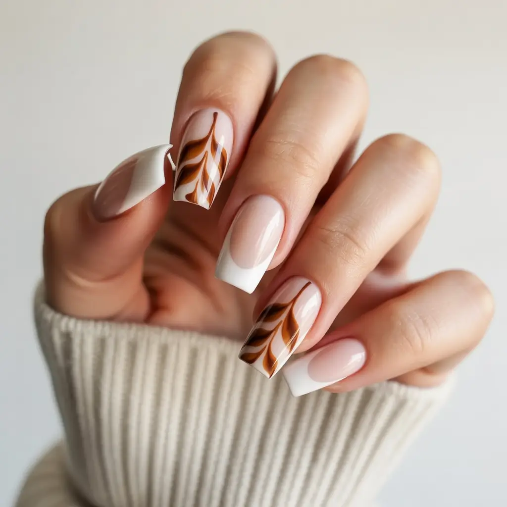Autumn nail designs 2025 French Revival with a Leafy Brown Twist