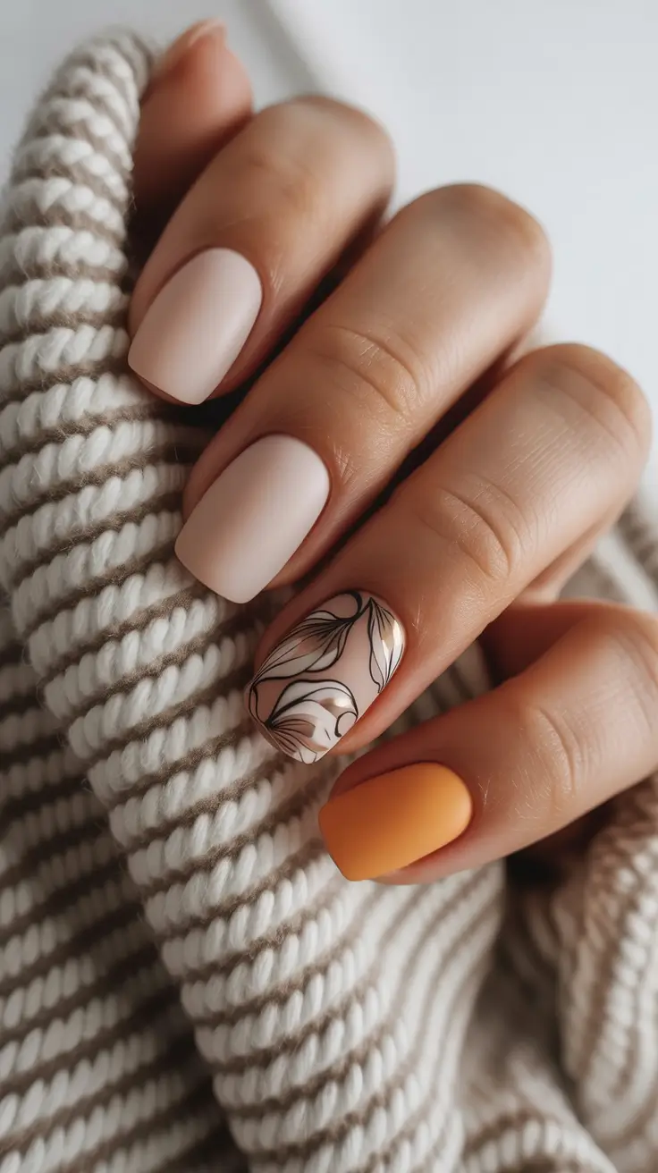 Autumn nail designs 2025 Muted Matte with a Soft Orange Pop