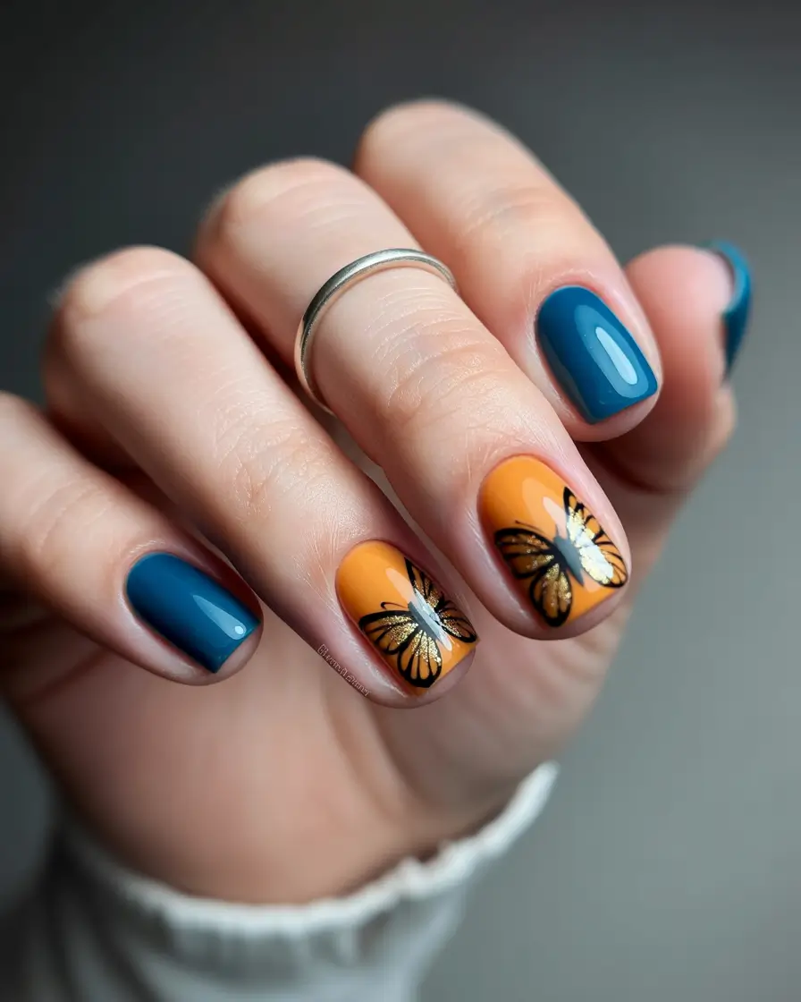Autumn nail designs 2025 Bold Monarchs in Pumpkin and Midnight