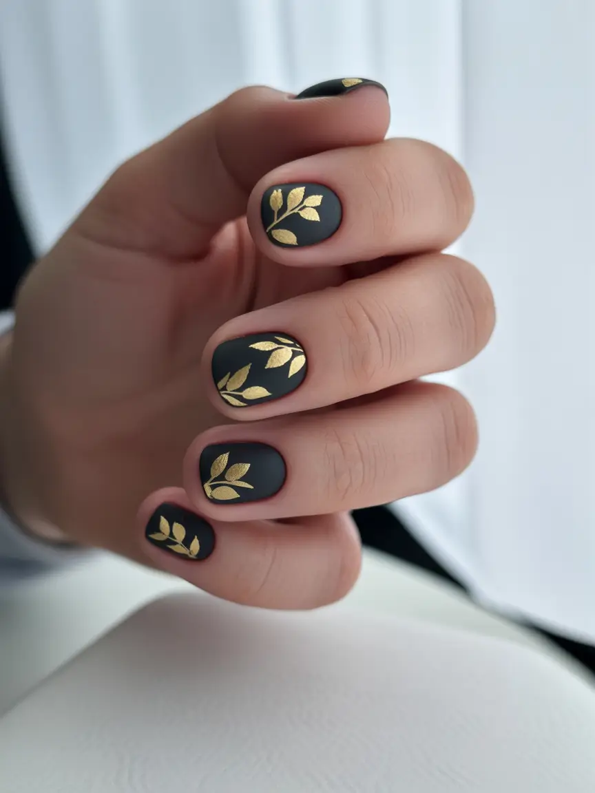 Trendy Black Fall Nails 2025 Matte Black with Golden Leaf Accents