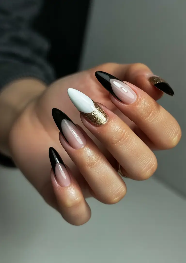Trendy Black Fall Nails 2025 Almond French Mix with Gold and White