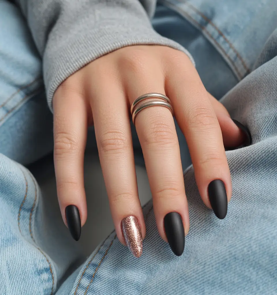 Trendy Black Fall Nails 2025 Matte Black with Bronze Glitter Accent