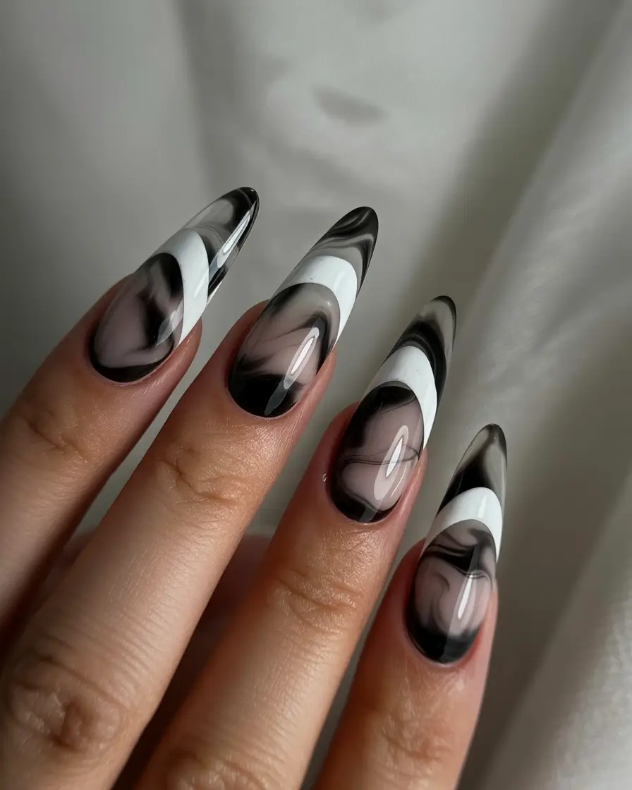 Trendy Black Fall Nails 2025 Monochrome Swirl Nails