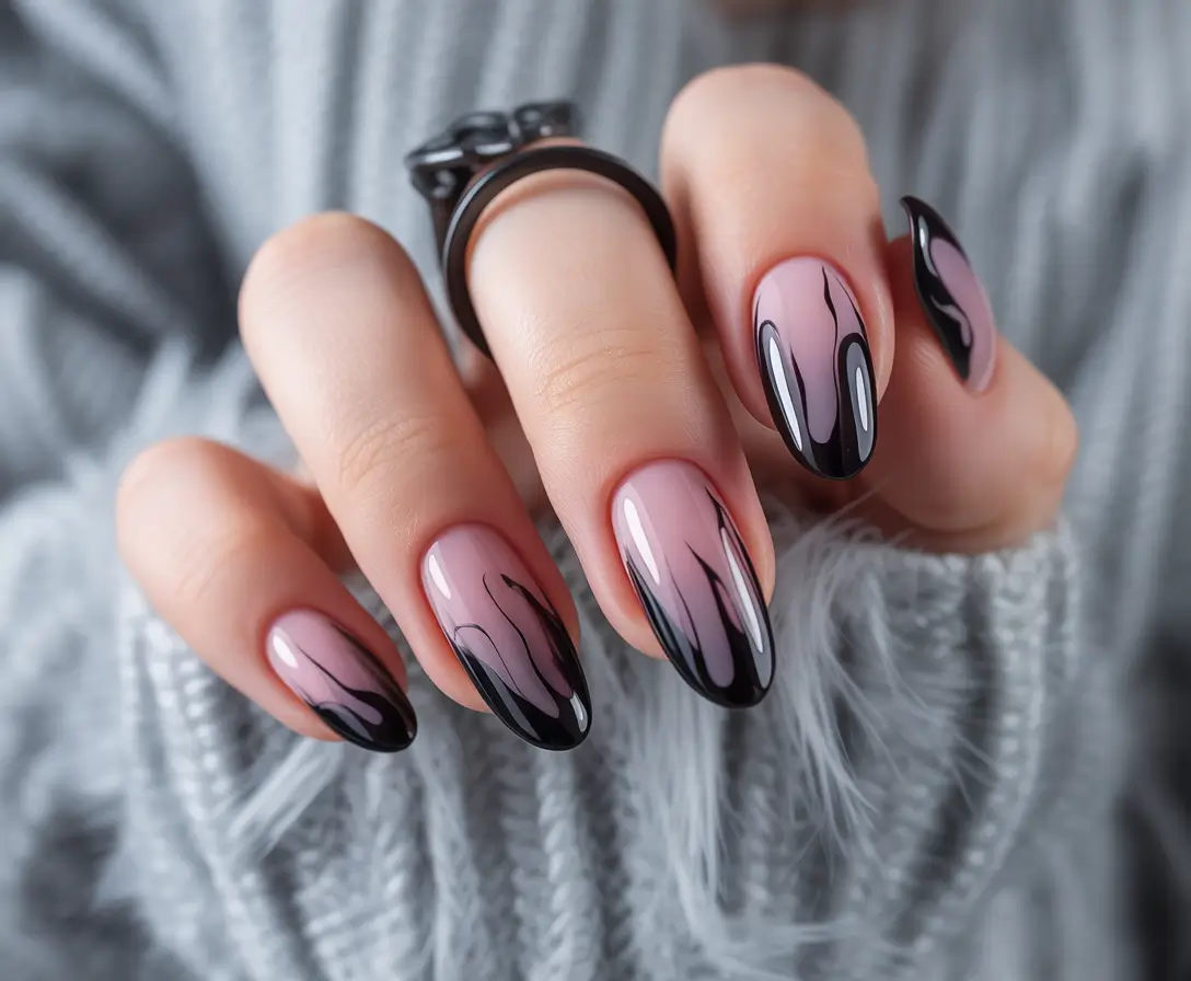 Trendy Black Fall Nails 2025 Glossy Black Flame Tips