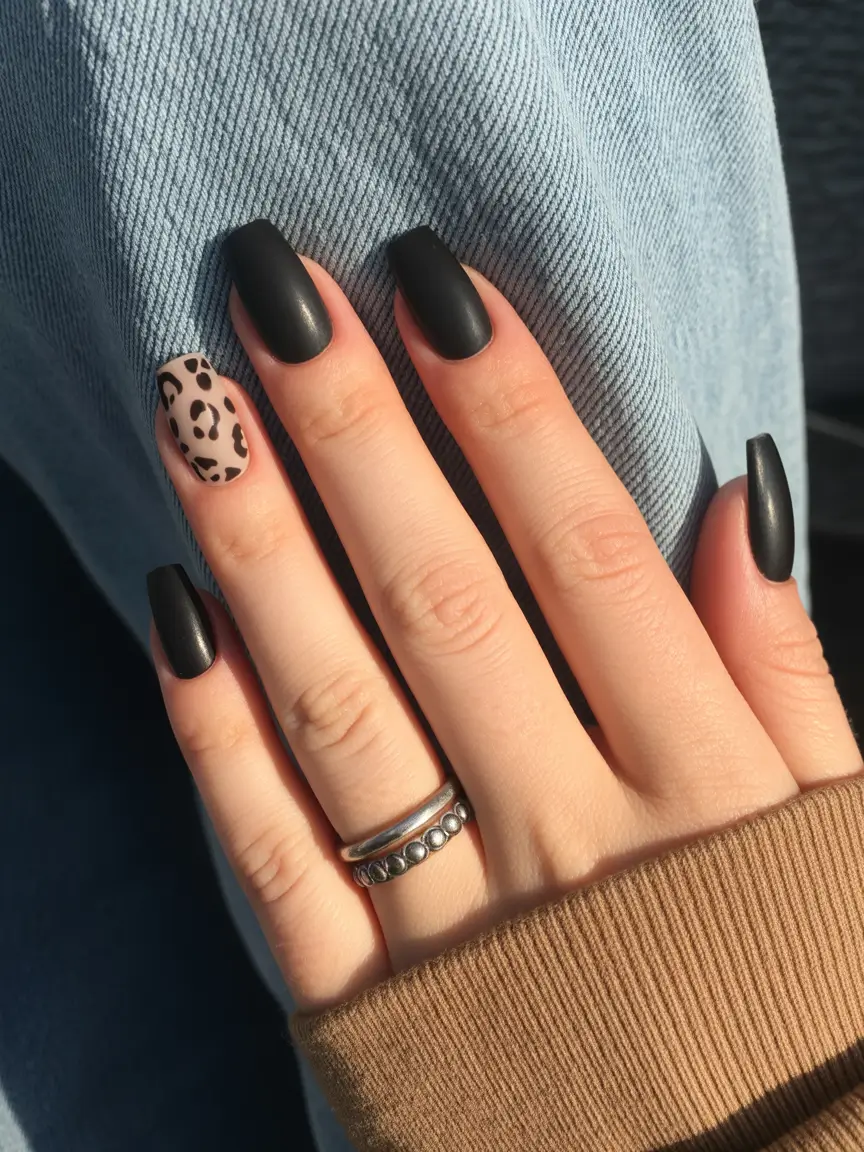 Trendy Black Fall Nails 2025 Matte Black with Leopard Accent