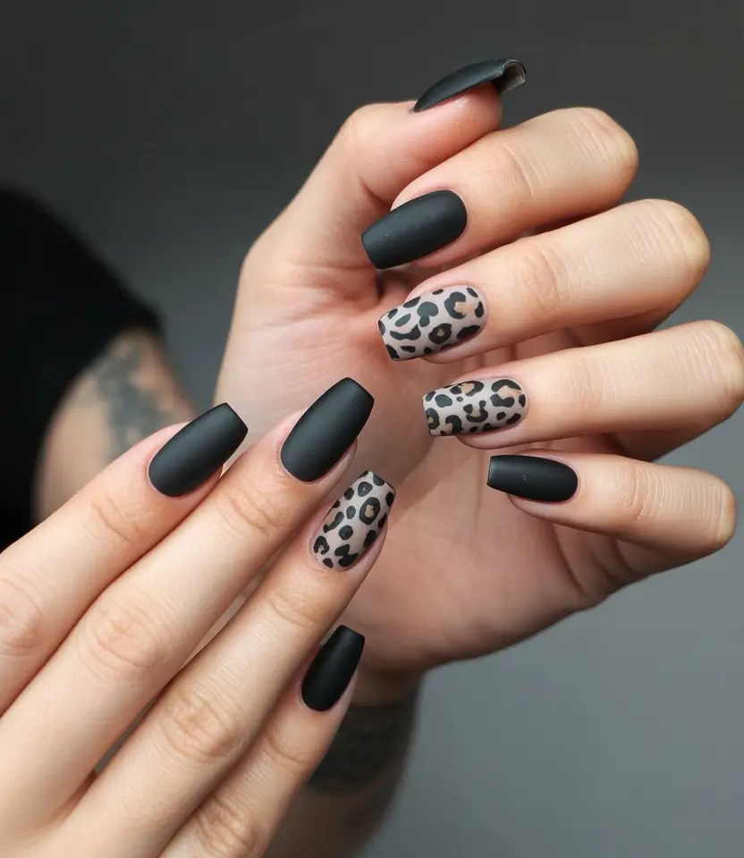 Trendy Black Fall Nails 2025 Full Leopard and Matte Black Mix